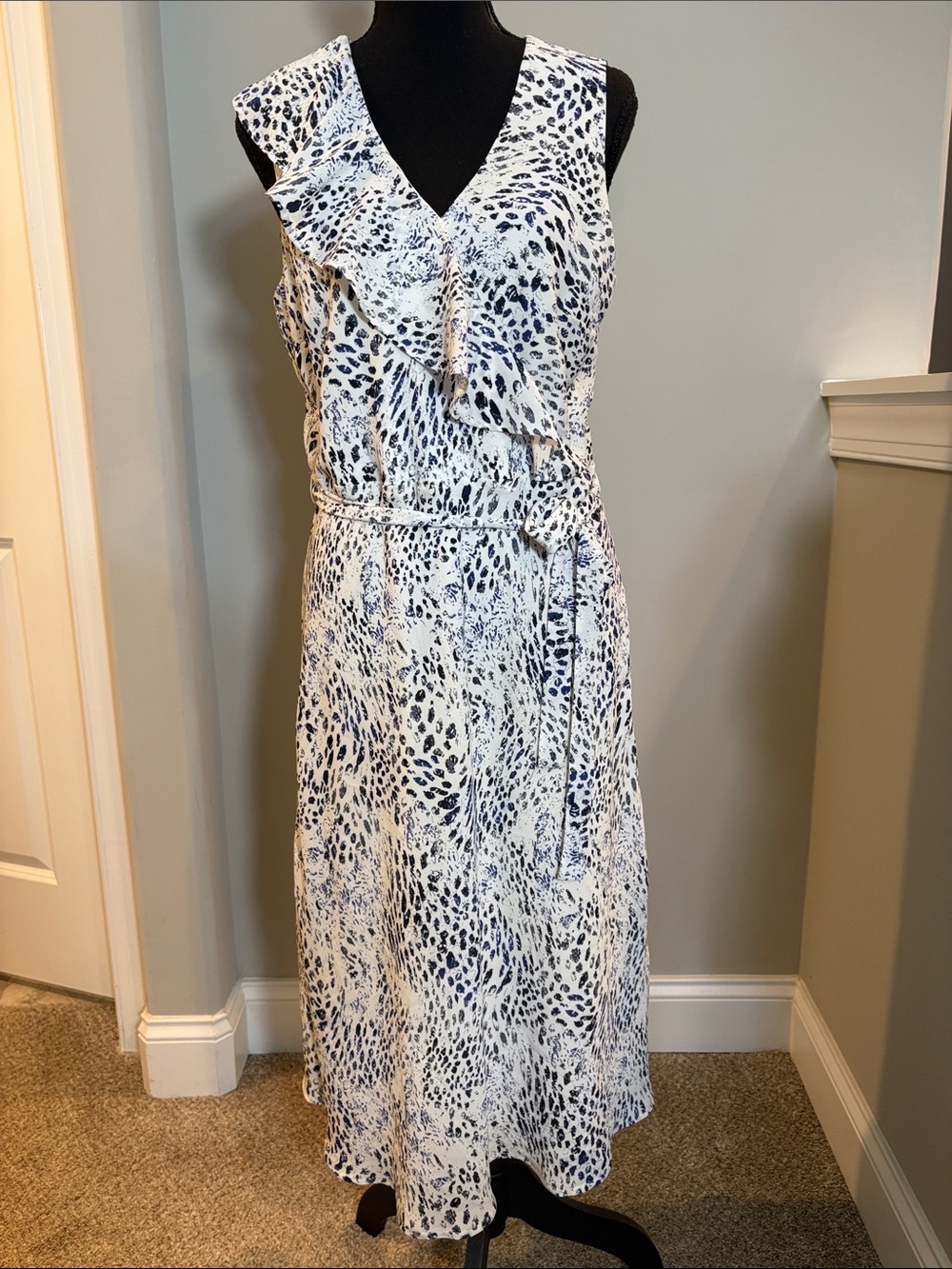 The Limited Sleeveless Ruffle Wrap Maxi Dress - Blue & White Leopard - Size 8
